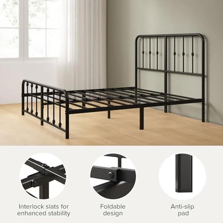 Zinus Florence Bett 140x200 cm – 35 cm hoch – Metallbettgestell mit Kopf- und Fußteil – Bett mit Lattenrost – Bettgestell im Vintage-Design – Stauraum unter dem Bett – Schwarz – Bild 8