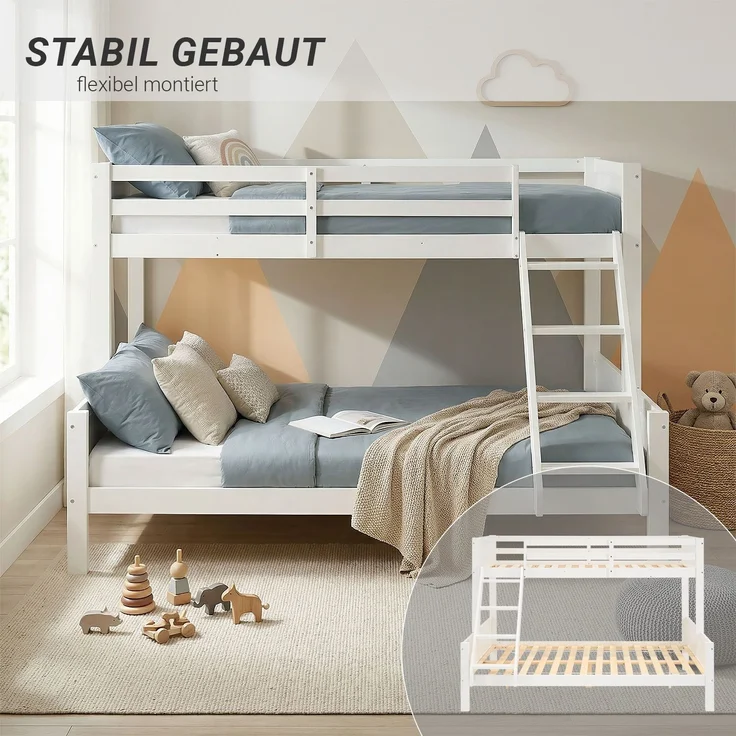 Etagenbett 90x200 und 140x200 mit Matratzen Kinder Jugendbett Hochbett Weiß Holz inklusive Matratzen – Bild 5