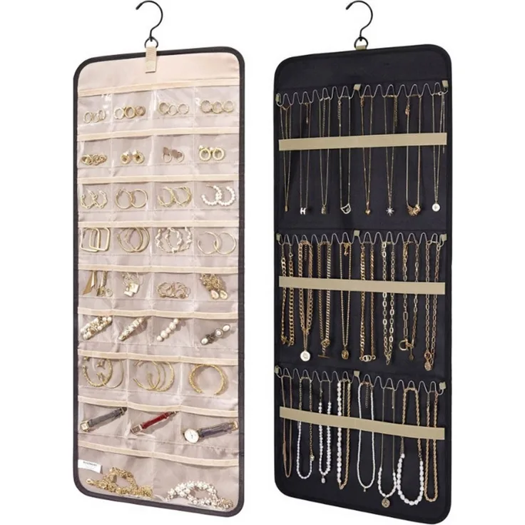 Mutig Schmuckständer Schmuck Organizer zum Aufhängen, Doppelseitige Schmuckaufbewahrung (Fächer und Taschen, Metallhaken, Schmuckhalter für Ohrringe, Halsketten, Ringe, Armbänder), Aufbewahrung an Schrank, Tür, Wand
