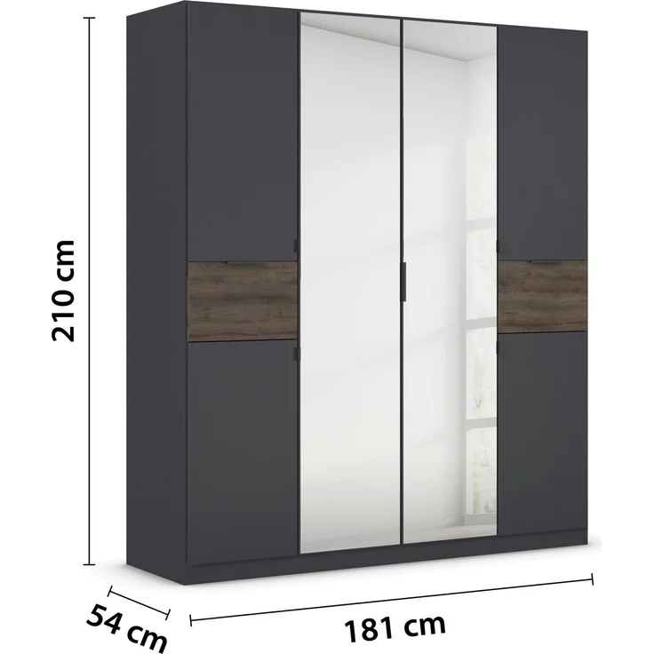 rauch Kleiderschrank, Drehtürenschrank TICAO, 6-türig, 2 Spiegeltüren, 2 Schubkästen, inkl. Türdämpferset, Grau metallic/Atlantik Oak dunkel, 181 x 210 x 54 cm – Bild 4