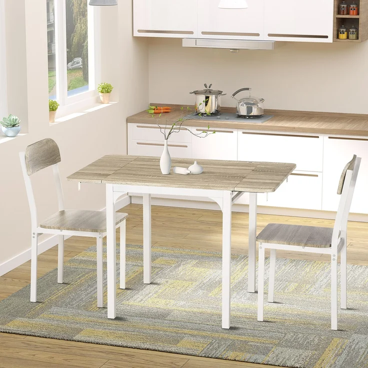 MELAYR, 2-teilige Sitzgruppe, Klappbarer Esstisch mit 2 Stühlen, Klapptisch, 110 cm x 70 cm x 75 cm, Weiß + Natur – Bild 4