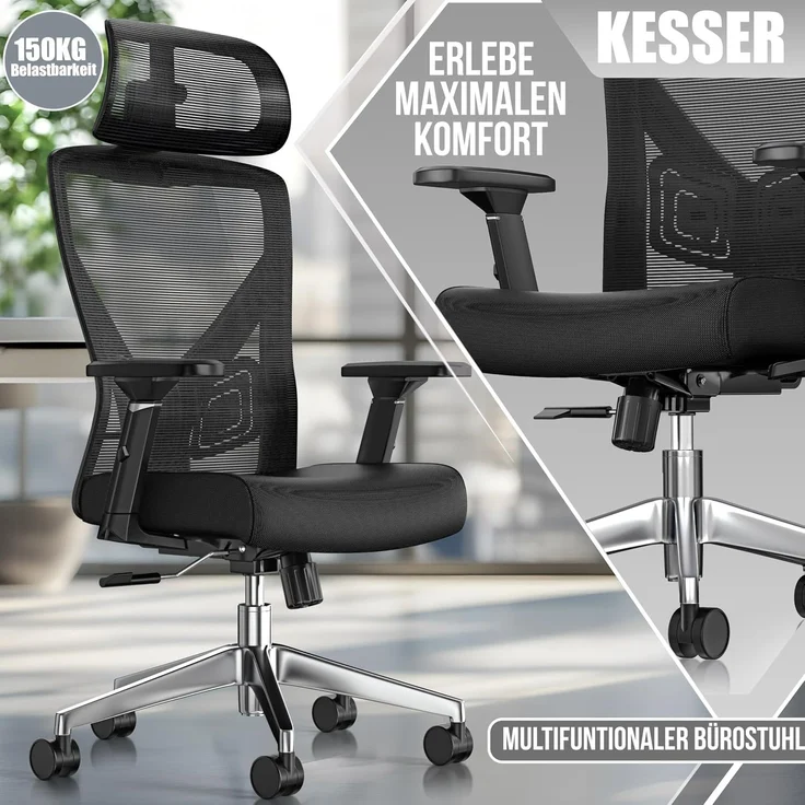 KESSER® Bürostuhl mit verstellbaren Armlehnen | Drehstuhl mit Lendenwirbelstütze Rückenschonend | Schreibtischstuhl ergonomisch mit Kopfstütze | Office Chair Wippfunktion bis 125° mit 5x Gummirollen Schwarz / Silber – Bild 6