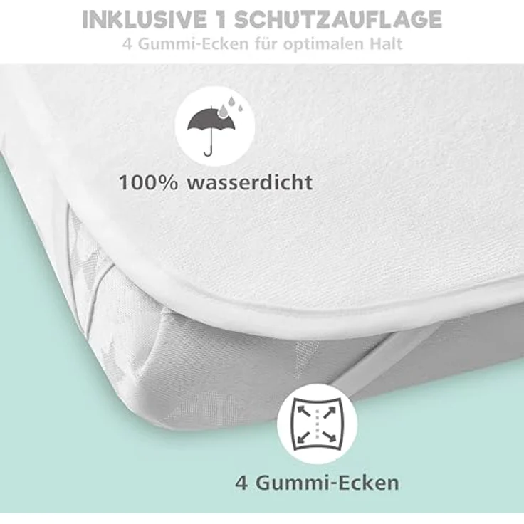 2X Spannbettlaken aus 100% Baumwolle mit Gummiband - 1X Matratzenschoner aus 100% wasserdichtem Material - 3er-Set - 50x83 cm - Fuchs – Bild 5