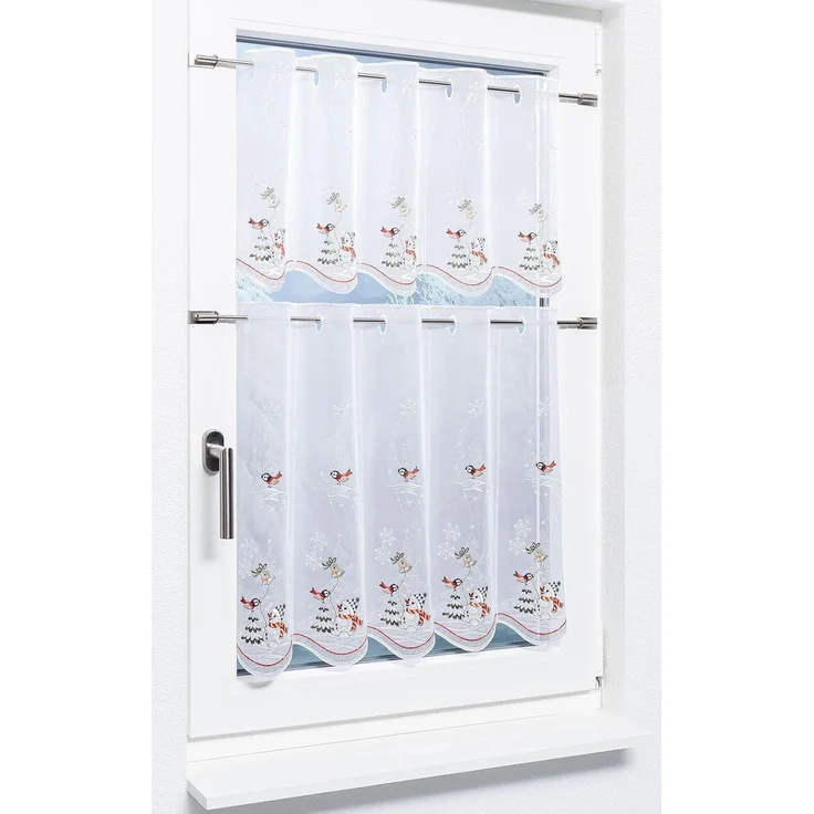 Scheibengardine Plauener Spitze - Schneemann mit Vöglein (Bx H) 48cm * 55cm rot/rot-silber – Bild 5