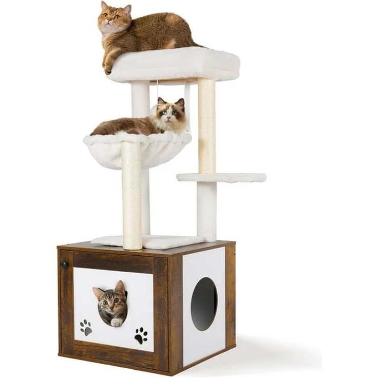 TLGREEN Kratzbaum mit Katzenkloschrank,3-in-1 Katzenmöbel, 119 cm Hoch Kratzbaum Holz,Waschbare Plüschkissen – Bild 4