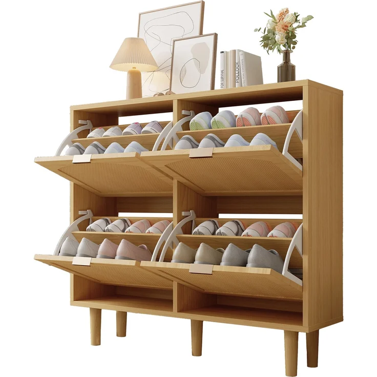 Merax Schuhschrank, Schuhkommode, mit 4 Klappschubladen, Schuhkommode aus Rattan mit Metallgriffen, Schuhregal, Oak – Bild 10