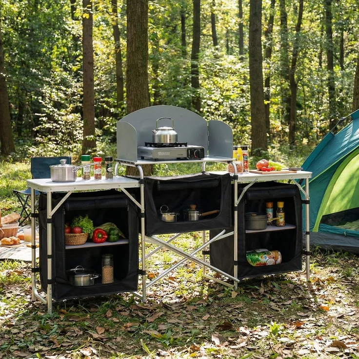 Sekey Campingschrank XXL Faltbar Campingküche mit Aluminiumgestell inkl. Windschutz und Tragetasche, Schwarz – Bild 1