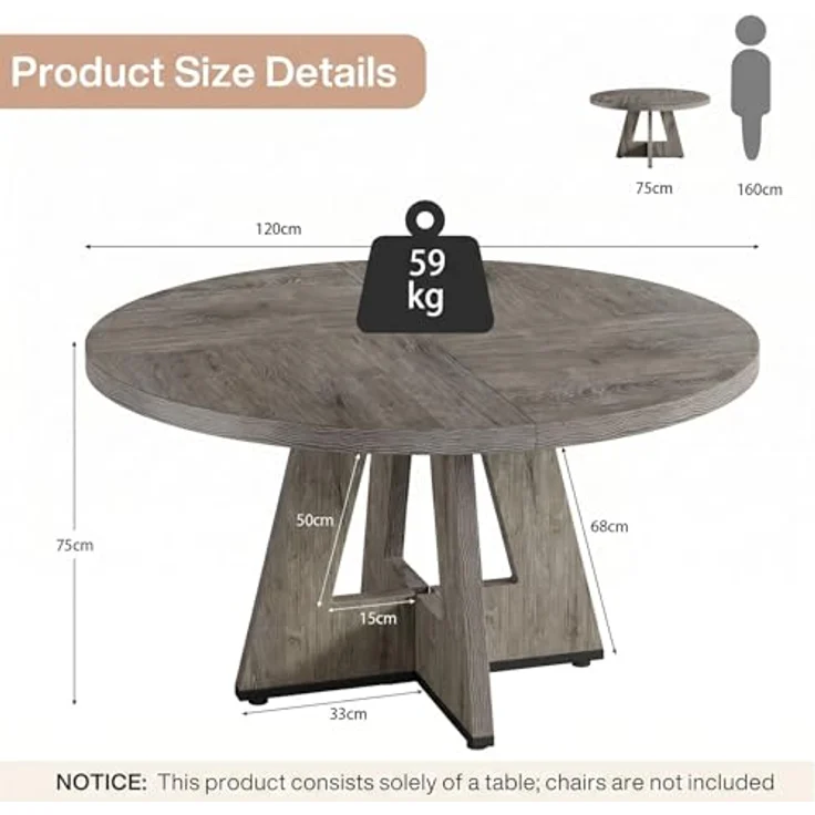 LITTLE TREE Runder Esstisch 120 cm, Esszimmertisch mit Holzsockel für 4–6 Personen, Kleiner Küchentisch im Minimalistischen Design, für Wohnzimmer Balkon Esszimmer, Grau – Bild 3