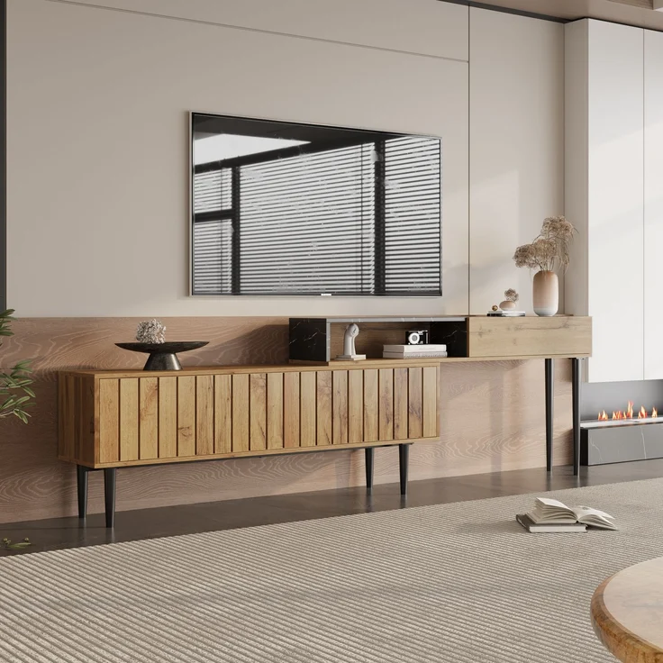 Merax Lowboard mit Tischplatte in Marmoroptik und Metallbeine, TV-Schrank stapelbar, TV-Board Länge verstellbar, Bis 200cm, Natur – Bild 2
