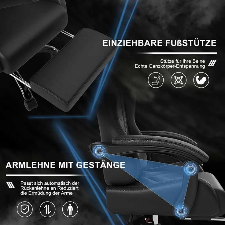 Devoko Massage Gaming Stuhl, Computer Bürostuhl mit Fußstütze, Racing Gamer Stuhl 150kg Belastbarkeit, 90-135° Rückenlehne einstellbar Ergonomischer PC Stuhl, 360° drehbar, Schwarz – Bild 7
