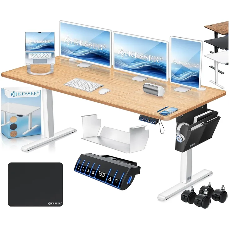 KESSER® Höhenverstellbarer Schreibtisch elektrisch, Ergonomisch Steh-Sitz Schreibtisch, 3-Funktions-Memory Steuerung, Inkl. 360° Rollen & USB-Ladeanschluss, Computertisch für Homeoffice Beige, 160 x 70 cm