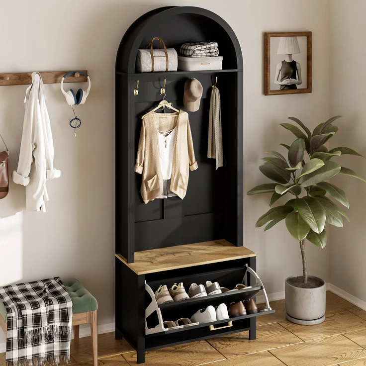 Multifunktionaler Garderobenschrank mit Schuhregal, Ablage & Haken – Hall Tree für Eingangsbereich, langlebiger MDF Korpus, modernes Design, stabile Eisenfüße, praktische Aufbewahrung – Bild 7