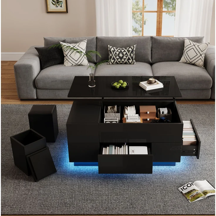 Couchtisch aus Spanplatte mit Hubfunktion, LED, Stauraum & 2 Hockern, 100x50x45 cm, Schwarz – Bild 2