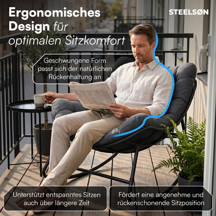 STEELSØN 'Veldora' Schaukelstuhl, schwarzes Polyrattan, Kissen anthrazit, ergonomischer Relaxsessel, bis 125kg, XXL Schaukelsessel 75×100×65 cm – Bild 3