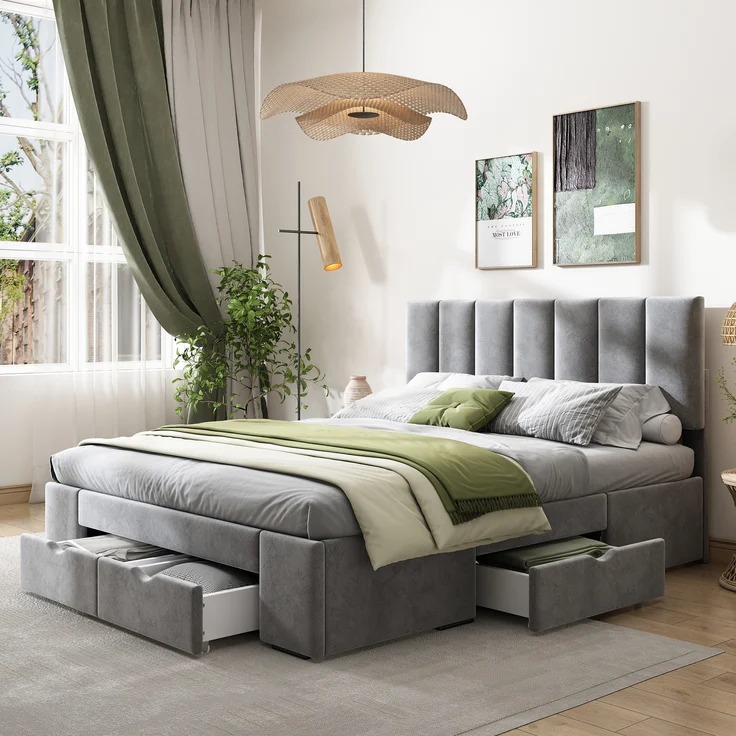 Stauraumbett Samt mit 4 Schubladen und höhenverstellbarem Kopfteil, 140x200 cm, grau, ohne Matratze – Bild 2