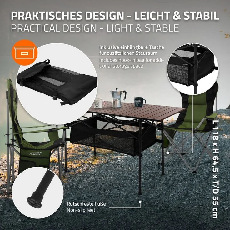 Hauki Campingtisch Klapptisch faltbar aus Aluminium inkl. Tragetasche, Gartentisch 118x55x64,5 cm Braun, Aufrollbare Tischplatte, Falttisch – Bild 3