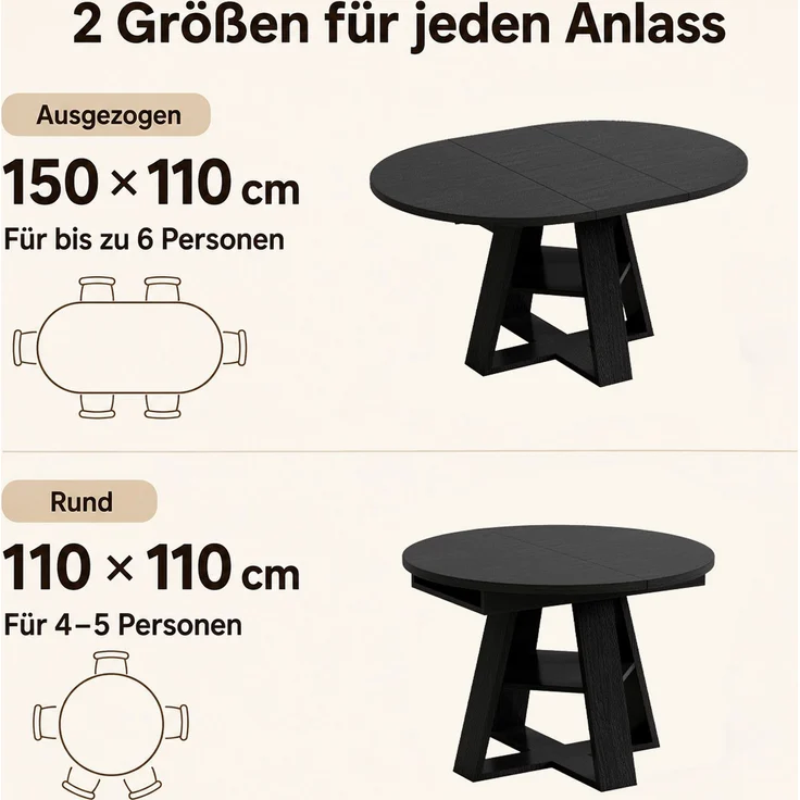 Esstisch ausziehbar, Ø 110 cm, ausgezogen B 150 x T 110 x H 75 cm, MDF in Schwarz mit Ablage – Bild 6