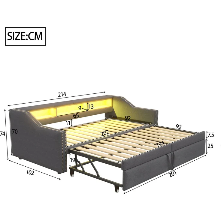Ausziehbares Schlafsofa 90/180×200 cm mit seitlichen Ablagefächern, USB-Anschluss, Leinenbezug & Lattenrost,Polsterbett,Dunkelgrau – Bild 10