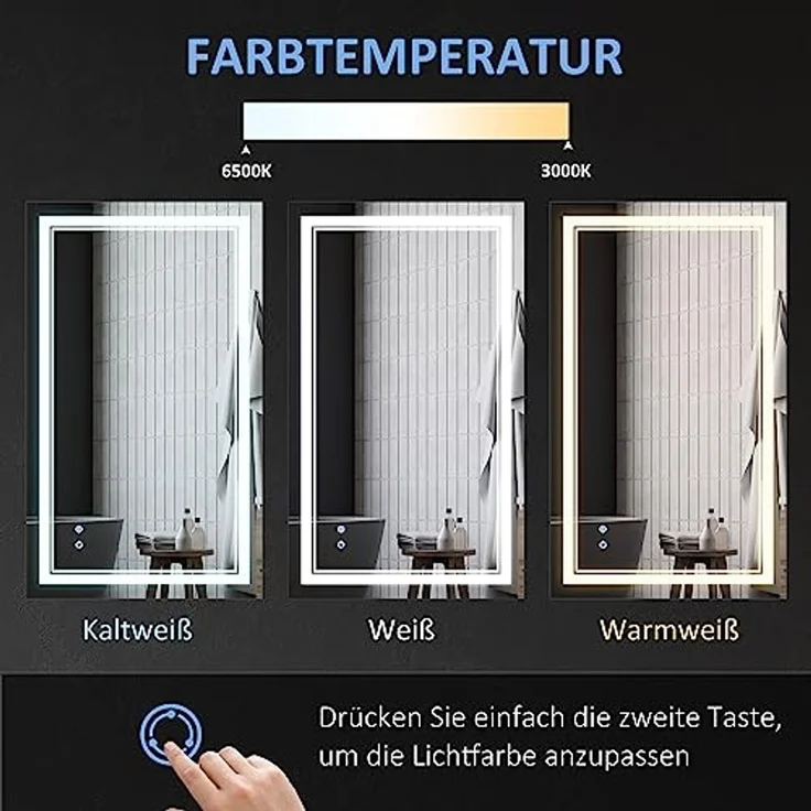 Kleankin Spiegel Badspiegel, Badezimmerspiegel mit LED-Beleuchtung (Wandspiegel mit Touchschalter, 1-St, 3 Lichtfarben, Lichtspiegel IP44), IP44 Wasserdicht, 100 x 60 cm – Bild 5