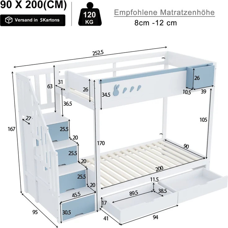 Kinder-Etagenbett 90x200 cm mit Kaninchen-Design, Stauraumleiter, Schubladen, Ablagefach, Massivholz,Weiß & blau – Bild 6