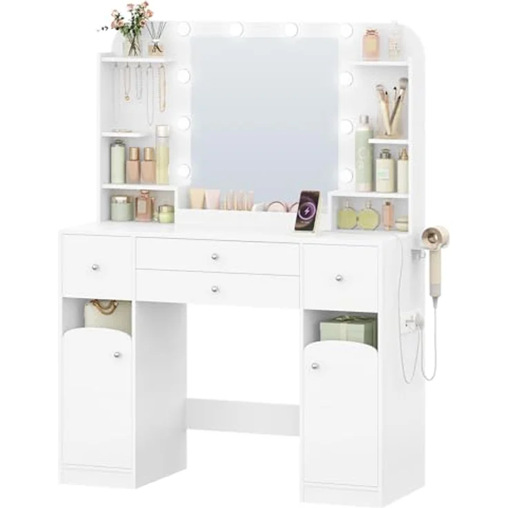 Schminktisch mit LED-Beleuchtung, mit Stecker und Föhnhalter, große Tischplatte 108 cm, Schminktisch mit 2 großen Schubladen mit Schmuckablage, 2 Schränke, 40 x 108 x 144 cm, Weiß – Bild 9