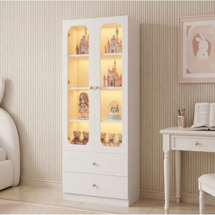 ZUBALIYA Glasvitrine, Küchenschrank, Aktenschrank, Sammelfiguren-Vitrine, 4 Ebenen Spielzeugschrank mit 2 Schubladen, LED-Leiste mit RGB-Farbwechsel per App steuerbar, goldene Metallgriffe, weiß, 60x35x170 cm – Bild 20