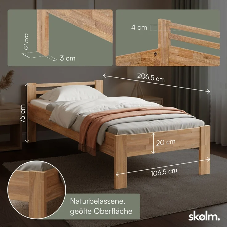 skølm 'Fenrir' Bett 100x200 cm, natur geölt, Massivholz Eiche, Seniorenbett mit Komforthöhe 51 cm, Massivholzbett geeignet ein Einzelbett – Bild 6