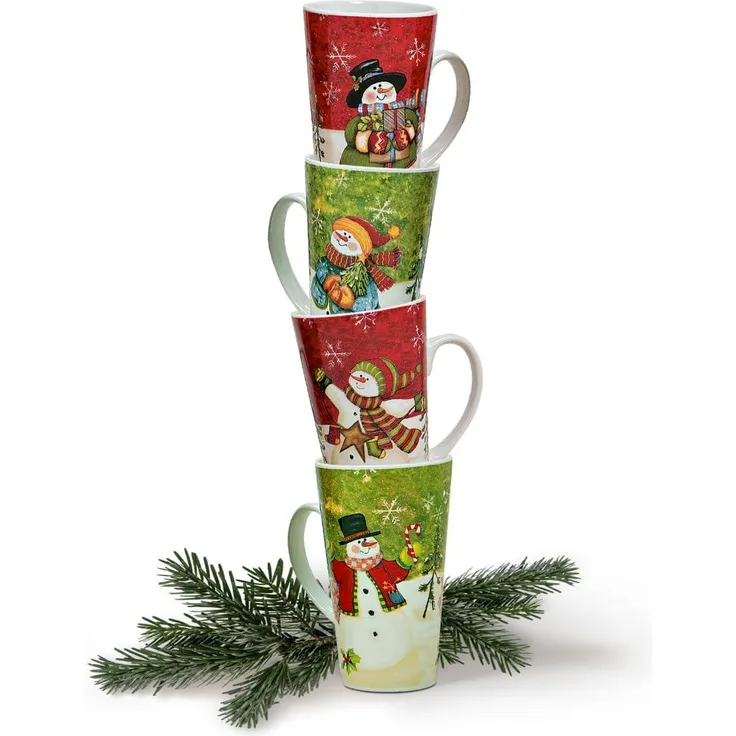 matches21 HOME & HOBBY Tasse Grosse XXL Weihnachtstassen 4er Set Schneemänner amerikanisch, Keramik, Tee Kaffee-Becher, modern Vintage, rot grün bunt, 500 ml