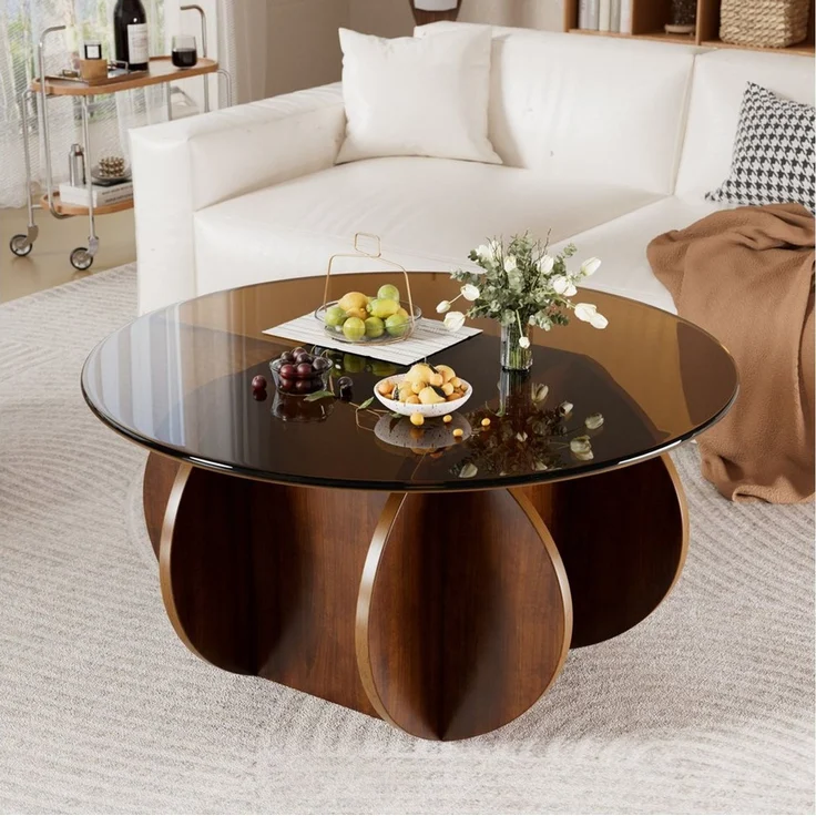 PEALOV Couchtisch mit Glasplatte und Holzgestell, Ø 70 × 40 cm, moderner Wohnzimmertisch (1-St), Moderner runder Beistelltisch aus gehärtetem Glas und Holz – Bild 4