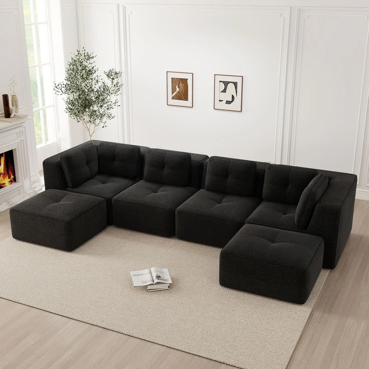 EINHOM Modulares Wohnzimmersofa ohne Gestell, modulares Ecksofa, U-förmiges Sofa mit Ottomane, tiefes Schlafsofa, rutschfestes Design, keine Montage erforderlich, Schwarz – Bild 4