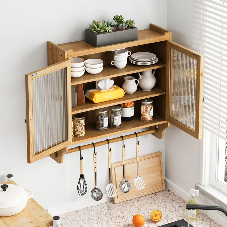 Wandschrank mit Glasfront, 3 Ablagen & Handtuchhalter, 63x18x60 cm, Natur – Bild 3