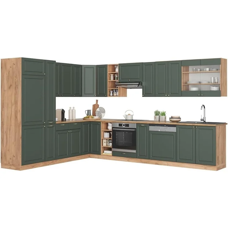 Eckküche Fame-Line Grün-Gold Landhaus/Goldkraft Eiche 347 x 257 cm ohne Arbeitsplatte Vicco – Bild 7