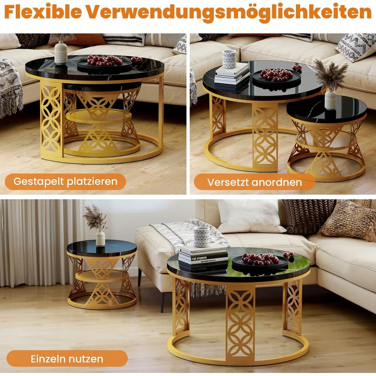 2er-Set runder Couchtisch aus Marmor-Furnier mit Metallrahmen & Kontrastdesign, 70x70x45 cm + 45x45x37 cm – Bild 9