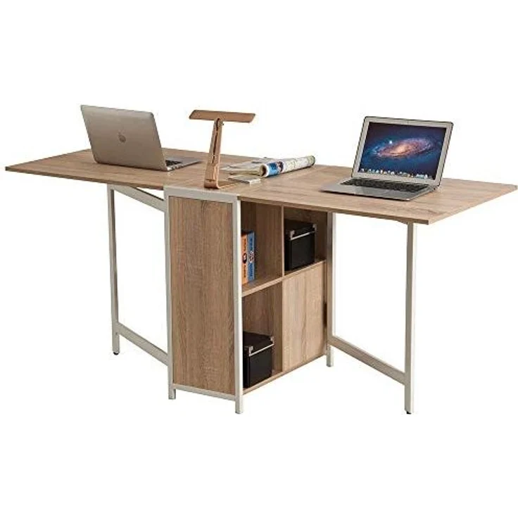 BAKAJI Mehrzweck-Schreibtisch, klappbar, ausziehbar, mit Bücherregal, 4 Fächern und Ablagen aus Holz und Stahl, Farbe Beige – Bild 5