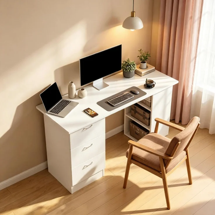 Schreibtisch 120x49x72 cm aus MDF, weiß, mit 3 Schubladen und 3 offenen Regalen – Bild 3