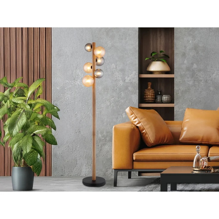 LED Stehleuchte aus Holz 6-flammig Glaskugeln Rauchglas & Bernstein, H: 150cm – Bild 5