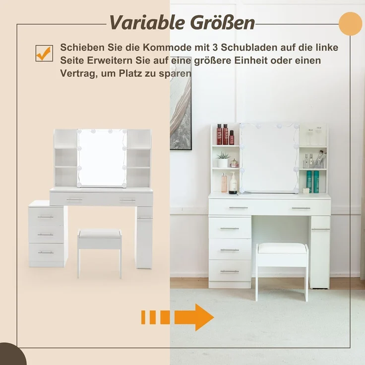 Thanaddo Schminktisch Schminktisch mit Schiebespiegel, 5 Schubladen und offenen Regalen (1 x Schminktisch, 1 x Hocker, 1 x Anleitung), 5 Schubladen, 4 offene Regale, großes Fassungsvermögen – Bild 8