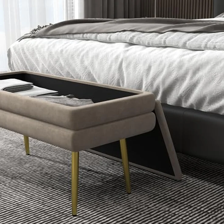 HOMCOM Sitzbank, Polsterbank mit Stauraum, Samtoptik, Bettbank mit Stahlbeine, Schuhbank, Aufbewahrungsbank für Wohnzimmer, Schlafzimmer, Beige, 79,5 x 37,5 x 43 cm – Bild 9