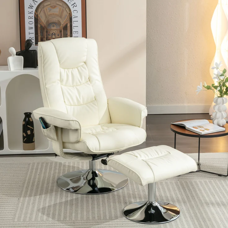 Massagesessel mit Heizfunktion & Fußhocker, verstellbare Rückenlehne bis 135°, Kunstleder Relaxstuhl mit 360° Drehung,Beige – Bild 2