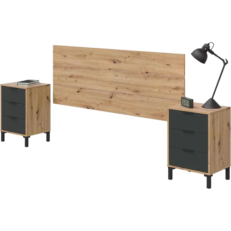 Habitdesign, modernes Kopfteil mit 2 Nachttischen und 6 Schubladen für Doppelbett, Schlafzimmer-Set in Eiche Nodi & Anthrazit, viel Stauraum, Maße: 240 x 74 x 33 cm (B x H x T), Modell Enzo – Bild 1