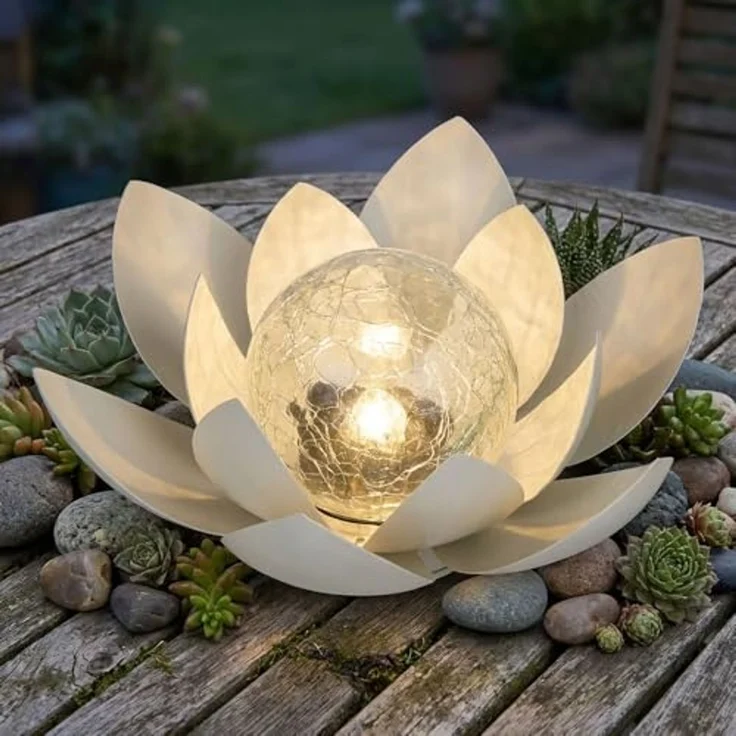 Haushalt International LED Solarleuchte, LED-Leuchtmittel fest verbaut, Warmweiß, LED Solarleuchte Lotusblume weiß Glas Außenleuchte Gartendeko D 27,6cm – Bild 4