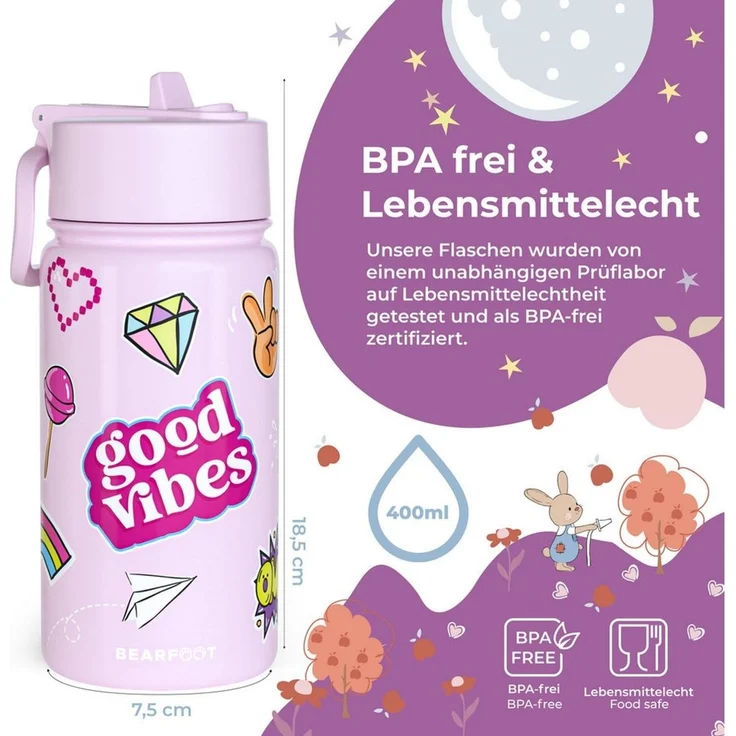 BEARFOOT Trinkflasche Thermo Kinder Trinkflasche Edelstahl - Sticker lila, Thermosflasche, auslaufsicher, Edelstahl, Kinderflasche, BPA-frei – Bild 3