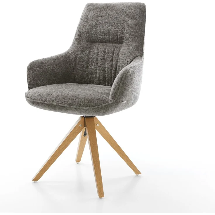 Drehstuhl Zelia-Flex mit Armlehnen Bouclé Soft Schlamm Holzgestell kantig Natur 180° drehbar Taschenfederkern – Bild 1