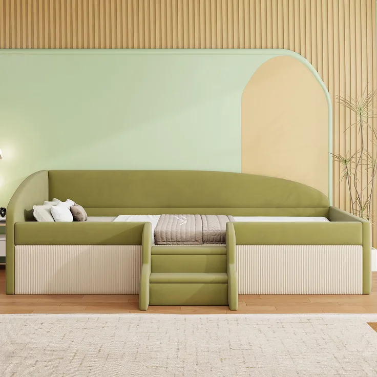 Kinderbett 90×190 cm mit Samt,Colorblock-Design,Schutzgitter & rutschfesten Stufen,gepolstertes Juniorbett,Dunkelgrün & Cremeweiß