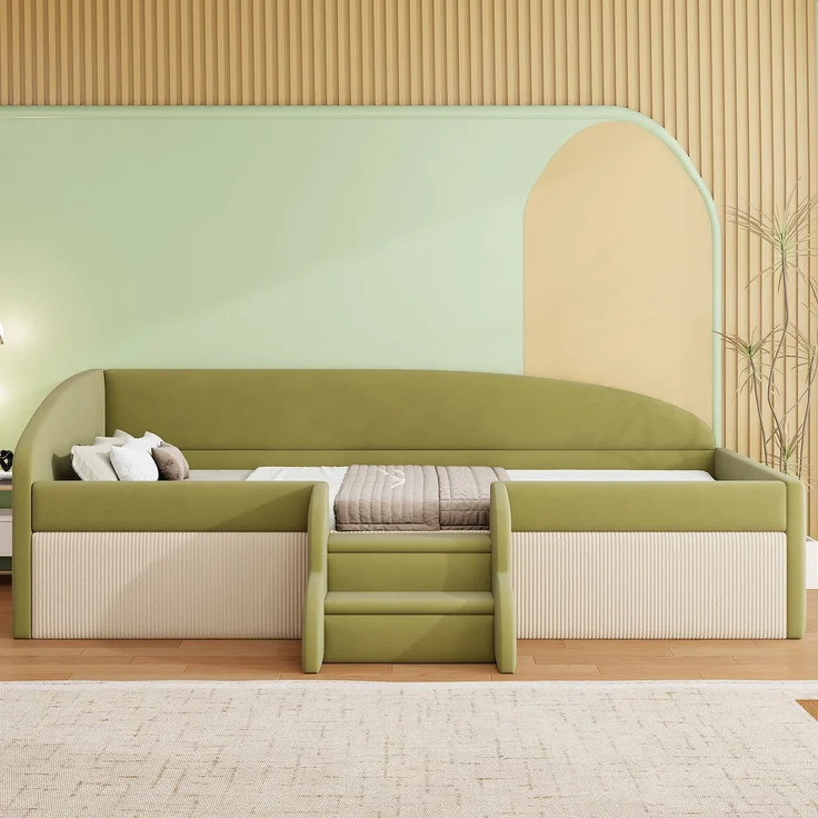 Kinderbett 90×190 cm mit Samt,Colorblock-Design,Schutzgitter & rutschfesten Stufen,gepolstertes Juniorbett,Dunkelgrün & Cremeweiß – Bild 1