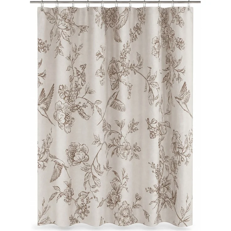 Duschvorhang mit Blumen- und Vogelmotiv wasserabweisend Beige-Braun 240 x 180 cm – Bild 1