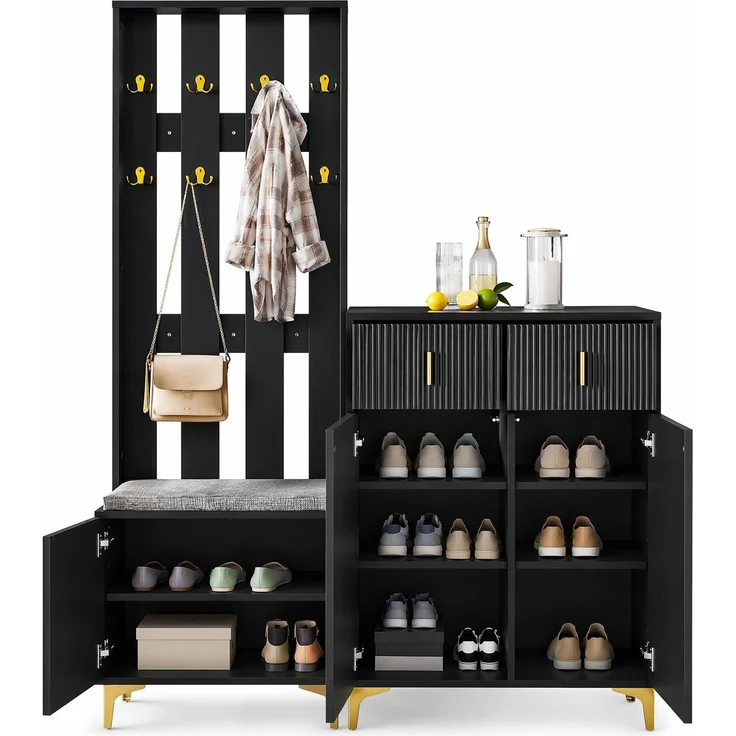 DESVIAE Schuhschrank-Set 2-tlg. mit Garderobe, 60,5x180,5x35,2 cm + 83x101x35 cm, Spanplatte, Schwarz – Bild 7