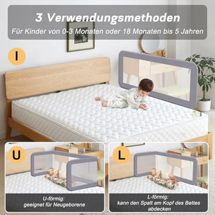 YIKANWEN Tragbare Bettgitter 150cm, Bettschutzgitter für Kinder ab 0 Monate-10 Jahren, Rausfallschutz für Kinderbetten,Boxspringbetten – Bild 4