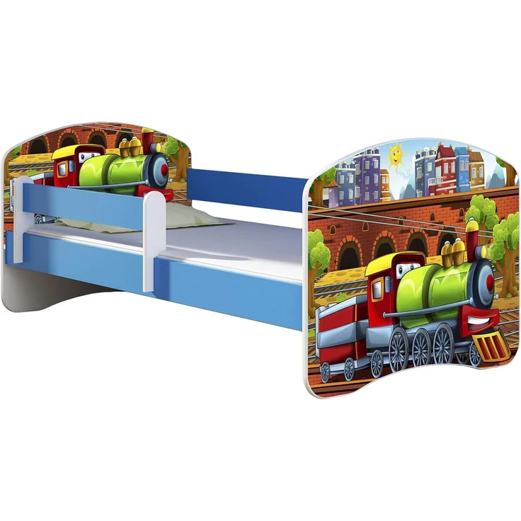ACMA Kinderbett Jugendbett mit Einer Schublade und Matratze Blau mit Rausfallschutz Lattenrost II 140x70 160x80 180x80 (44 Lokomotive, 160x80) – Bild 1