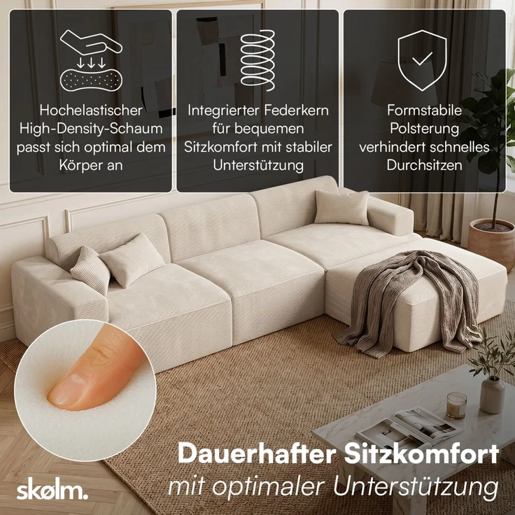 skølm 'Freki' Cloud Sofa 3 Sitzer mit Hocker, Vollschaumcouch mit Federkern und Vakuum-Kompression, kein Aufbau erforderlich, mit 3 Kissen, Cord beige – Bild 2